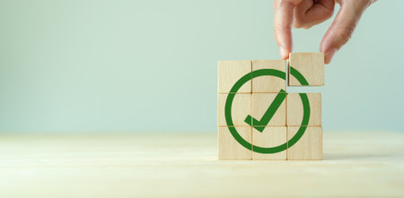 Corporate regulatory and compliance. Goals achievement and business success. Task completion. Ethical corporate. Do the right thing. Quality and ISO symbol. Wooden cube with green checkmark icon.の写真素材