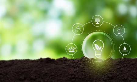Renewable energy, sustainability, ecology concept. Carbon reduction strategy and action to limit climate change and global warming. Environmental protection, renewable, sustainable energy sources.の写真素材
