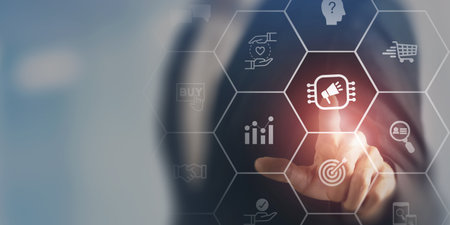 Marketing automation, growth marketing strategy concept. Digital marketing automation tools used for all in one, email marketing, social media, customer journey, pricing, advertising, and loyalty.の写真素材