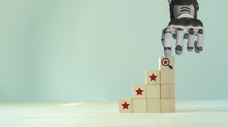 Assessment automation business and technology concept. Performance appraisal. Quality control management, quality evaluation. Product, service quality warranty. Customer review and satisfaction surveyの写真素材