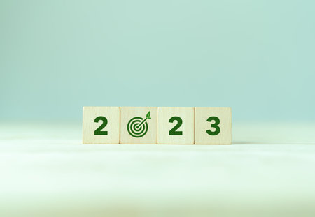 Enviromentally sustainable company target in 2023. Carbon neutral  and net zero concept. Reducing carbon footprint. Decreasing CO2 emissions target. Limit climate change and global warming.の写真素材