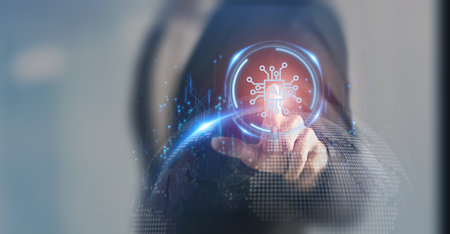 Artificial Intelligence (AI) Innovation concept. AI technology adoption. Digital and technology transformation in business and industry. Businessman pointing AI icon on digital background.の写真素材