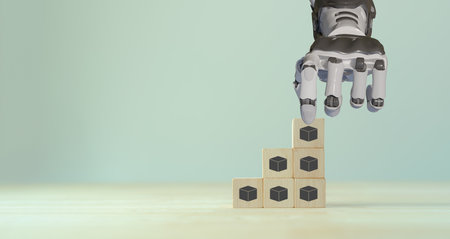 Automatic warehouse, automated manufacturing, industrial automation robotics concept. Robotic arm put the wooden block with cardboard box icons. 3D rendering, Smart warehouse, industry 4.0.の写真素材