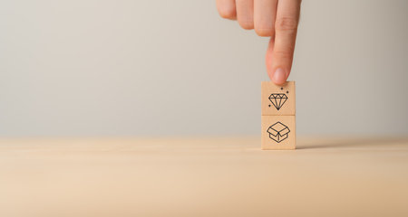 High quality, special, limited, exclusive, VIP, made to order, personalization marketing concept. Offering premium product and service with the best quality. Product quality icon on wood blocksの写真素材