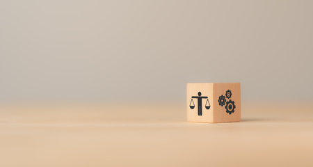 Ethics in business operations management concept. Business ethics, environmental ethics, applied ethics, and . Wood  blocks with ethical and business operation management icon.の写真素材