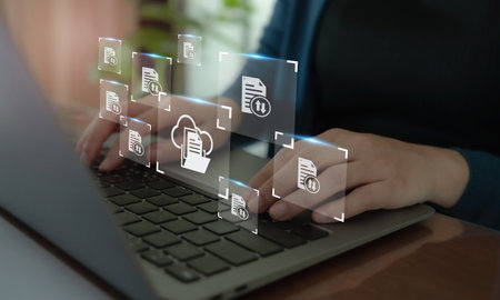 E document management, online documentation database, paperless office concept. Storage, trackicg and sharing digital documents. Efficient and eco way of working, cost savings, improved collaboration.の写真素材