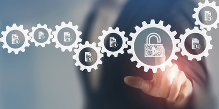 Secure document authentication concept. Ensuring e documents are safe from unauthorized access and manipulation. Biometrics scanning to protect data, documents remain secure and confidential.の写真素材