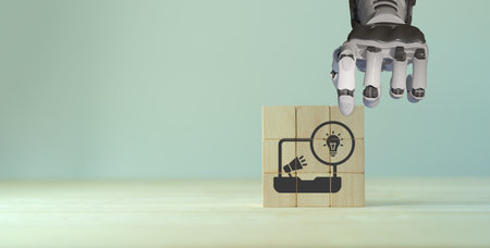 Creative marketing technology concept. Leveraging technology, data analysis, customer insights to create innovative campaigns. Robot hand placing wood blocks with creative marketing symbol. Martech.の写真素材