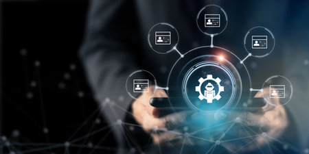 Automated process and data driven analytics concept. Using robot, ai, artificial intelligence for big data analytics and automated process of marketing, human resources, financial management.の写真素材