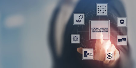 Social media engagement, Digital marketing concept. Pointing on screen for creating social media platforms to build relationships and drive sales. Engaging activities responding to comments, sharing.の写真素材