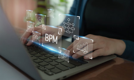 BPM Business Process Management concept. The tool for businesses to optimize operations, streamline processes, improve efficiency, and reduce costs. Working on computer  with BPM icons.の写真素材
