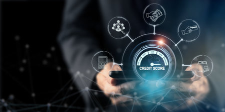 Online reporting credit score rating on banking application concept. Online checking the credit score rating for business and personal loan. Creditworthiness or risk of individuals for loan, mortgageの写真素材