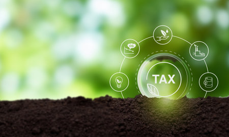 Environmental tax breaks concept. Glass ball with green taxes icons. Using environmental  taxes, carbon tax, environmentally beneficial tax incentives in order to achieve environmental targets.の写真素材