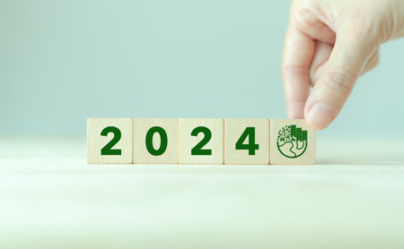 Enviromentally sustainable company target in 2024. Carbon neutral  and net zero concept. Reducing carbon footprint. Decreasing CO2 emissions target. Limit climate change and global warming.の写真素材
