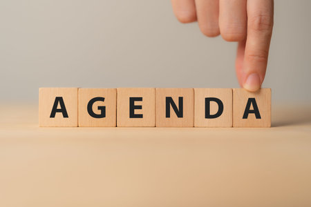 Agenda meeting appointment activity information concept. List of meeting activities in order to be taken up, beginning with the call to order, ending with adjournment. Effective team meeting agenda.の写真素材