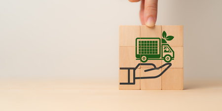 Green and sustainable supply chain concept. Integration of environmentally friendly practices into the supply chain process, from sourcing raw materials to delivering products to customer.の写真素材
