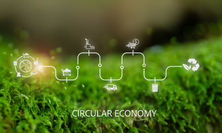 Circular economy concept on green nature background. Circular economy process  with icons related to production, consumption and recycling. Symbolizes sustainability and eco-friendly practices.の写真素材