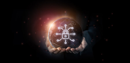 Global cybersecurity protection concept. A person holds a digital Earth hologram with a glowing padlock symbol and connected nodes, representing cybersecurity, digital protection, network security.の写真素材