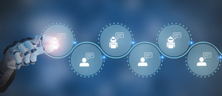 Chatbot conversation assistant concept. Robot hand interface, chatbot communication and artificial intelligence, AI, digital interaction and modern technology in customer service or automation.の写真素材