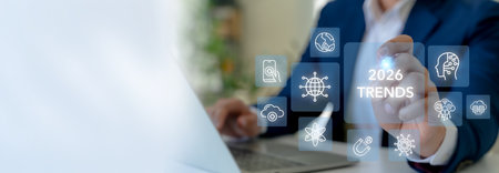 2026 trends concept. A business professional interacts with virtual icons; key technological trends projected for 2026, including AI, sustainability, digital transformation, digital skill and health.の写真素材