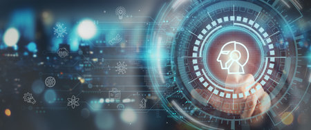 Human-AI collaboration concept. Businessman interface digital icon of a human-AI hybrid head, synergy between human intelligence and artificial intelligence  in modern technology and innovation.の写真素材