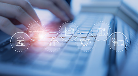 Digital procurement and supply chain management concept. Digital procurement process integrated with analytics, logistics, contracts, supply chain management. Digital transformation, business solutionの写真素材
