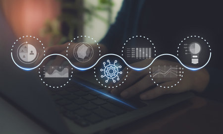 AI Driven Customer  Analytics Concept. Hands typing on a laptop with a digital overlay of interconnected data analysis and artificial intelligence icons, representing an AI powered customer insights.の写真素材