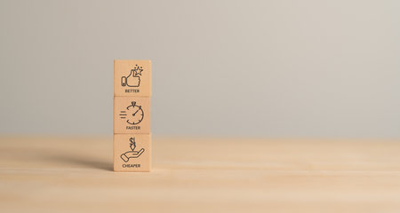Market positioning; Marketing strategy concept; Better; Faster; Cheaper. Wooden blocks labeled Cheape; Faster and Better. Business value; market positioning; competitive positioning.の写真素材