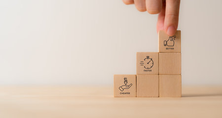 Market positioning; Marketing strategy concept; Better; Faster; Cheaper. Wooden blocks labeled Cheape; Faster and Better. Business value; market positioning; competitive positioning.の写真素材