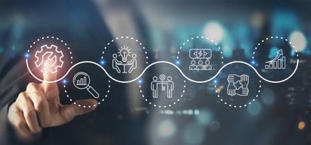 Business improvement and solution strategy. Interfacing with floating icons analytics, innovation,...