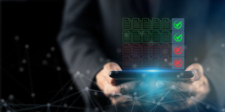 Digital Data Verification and Validation System. Holding a tablet displaying glowing icons of...