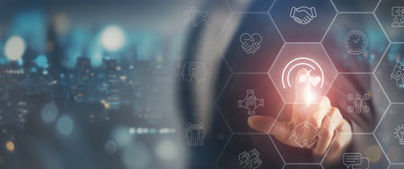 Soft Skills and emotional intelligence in digital business leadership. Digital interface with soft skill performance icons. Soft skills, emotional intelligence, empathy and leadership in business.の写真素材