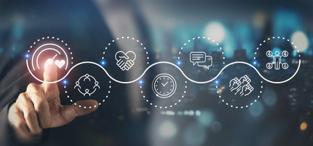 Soft Skills and emotional intelligence in digital business leadership. Digital interface with soft skill performance icons. Soft skills, emotional intelligence, empathy and leadership in business.の写真素材