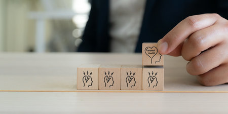 Stress management and emotional support, Mental health management concept. Mental health block above...