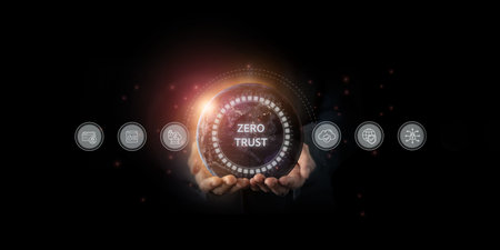 Zero Trust Cybersecurity Architecture concept. A glowing digital globe with the words Zero Trust...