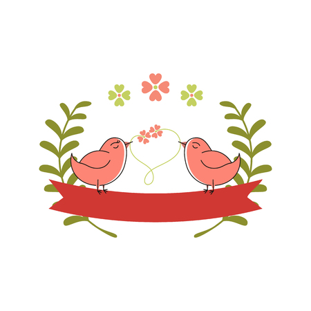bird love illustration with ribbon and flowerの写真素材