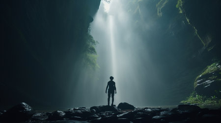 Man looking at a waterfall in a dark cave. 3d renderingの素材
