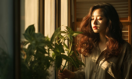 portrait of young asian woman with green plants at home.の素材