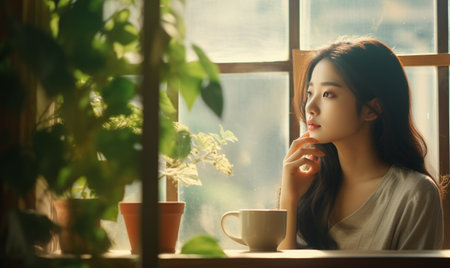 Beautiful asian woman sitting in coffee shop and looking through window.の素材
