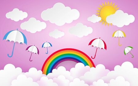 Color Full Umbrella with Cloud Paper Style art vector illustrationのイラスト素材