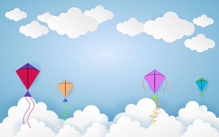 VColor full Paper Casual and floating kite in the skyのイラスト素材