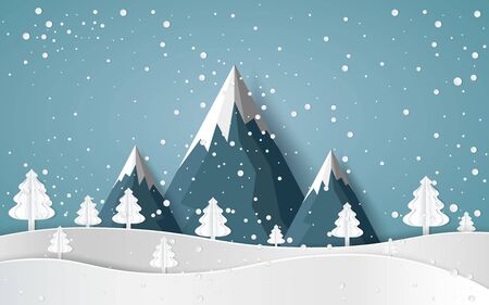 winter with  and snowy paper art . beautiful scenery in the  design  vectorのイラスト素材