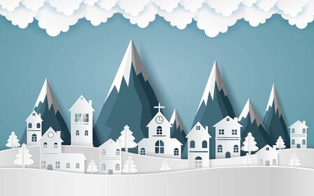 winter with homes and snowy paper art . beautiful scenery in the  design  vectorのイラスト素材