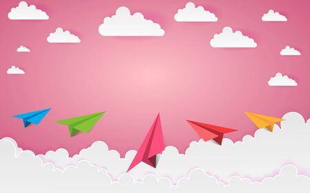 Paper art business concept with cloud and mountain , Plane flying on sky .design Vectorのイラスト素材