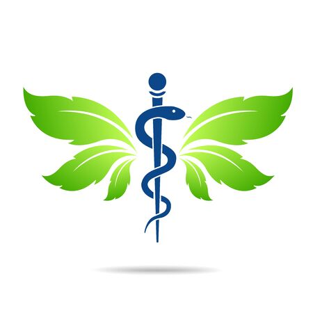 Medical symbol created using snakes and green leaves, Caduceus symbol. Healthy lifestyle is strong heart, vector abstract illustrationのイラスト素材
