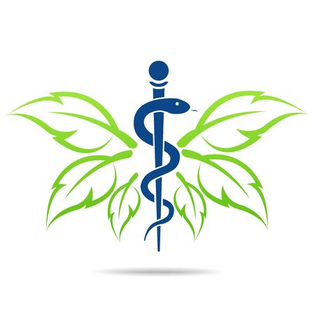 Medical symbol created using snakes and green leaves, Caduceus symbol. Healthy lifestyle is strong heart, vector abstract illustrationのイラスト素材