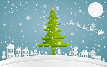 Merry christmas,Santa Claus Driving in a Sledge,Snow forest. pines in winter and mountain Paper vector Illustrationのイラスト素材