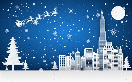 Merry christmas,Santa Claus Driving in a Sledge,Snow forest. pines in winter and mountain Paper vector Illustrationのイラスト素材