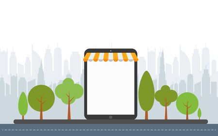 Store front window buildings icons with city backgroundのイラスト素材