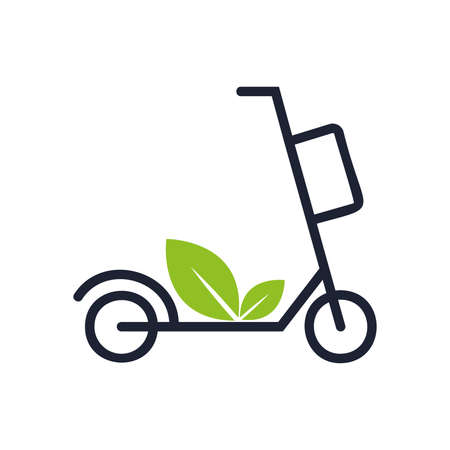 Electric scooter with leaves thin line icon. Green transport. Logo for sharing service. Modern vector illustrationのイラスト素材
